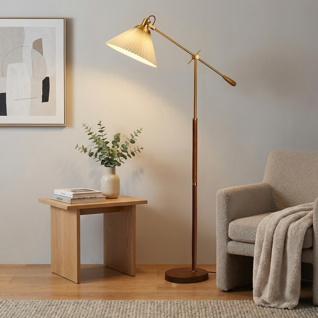 Brass Floor Lamp With Adjustable Arm And Pleated Shade For Living Room
