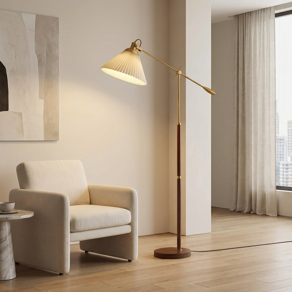 Brass Floor Lamp With Adjustable Arm And Pleated Shade For Living Room