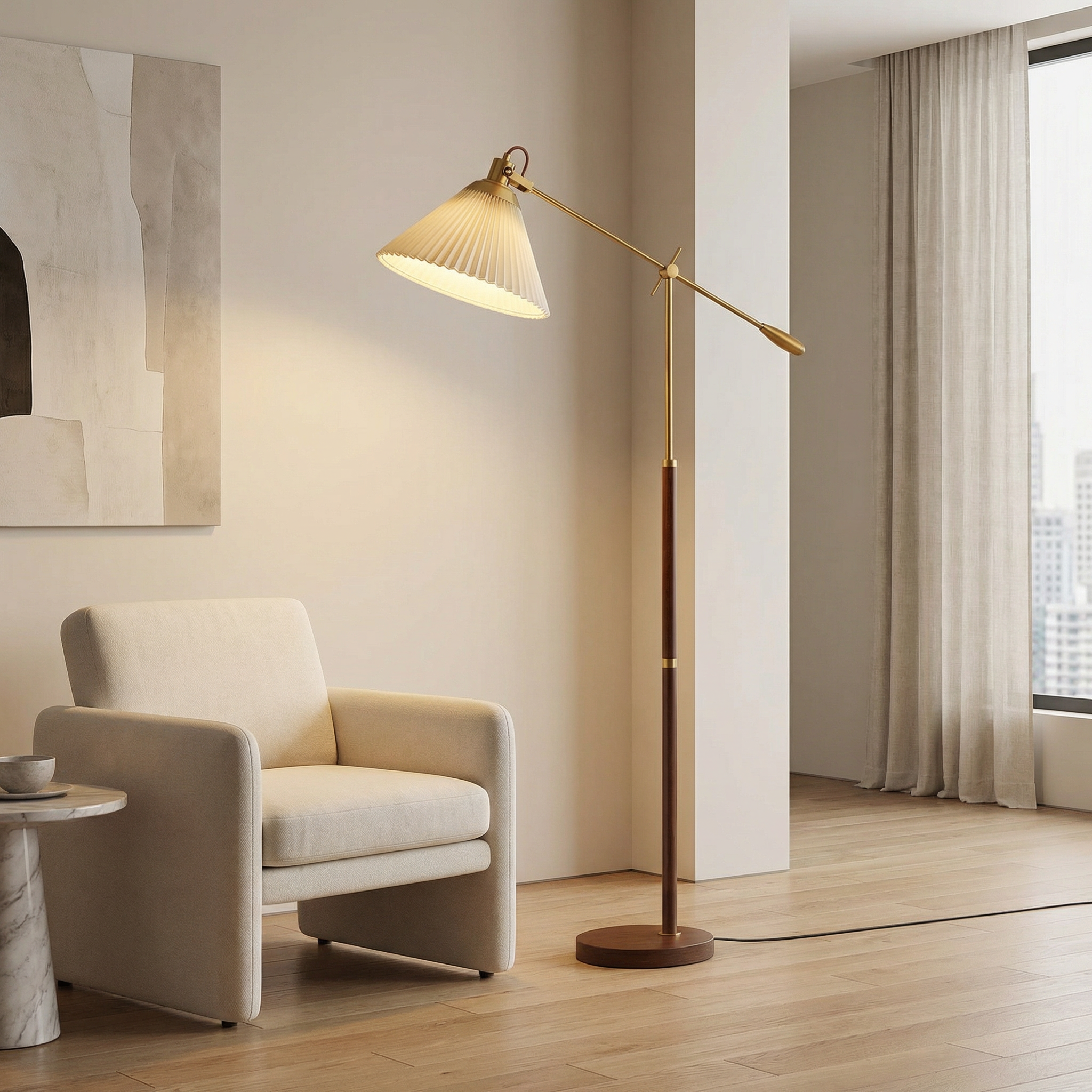 Brass Floor Lamp With Adjustable Arm And Pleated Shade For Living Room
