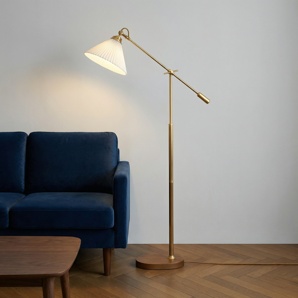 Brass Floor Lamp With Adjustable Arm And Pleated Shade For Living Room