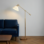 Brass Floor Lamp With Adjustable Arm And Pleated Shade For Living Room