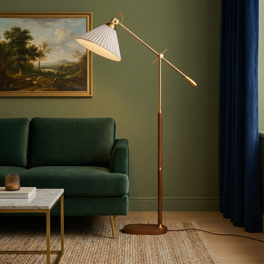 Brass Floor Lamp With Adjustable Arm And Pleated Shade For Living Room
