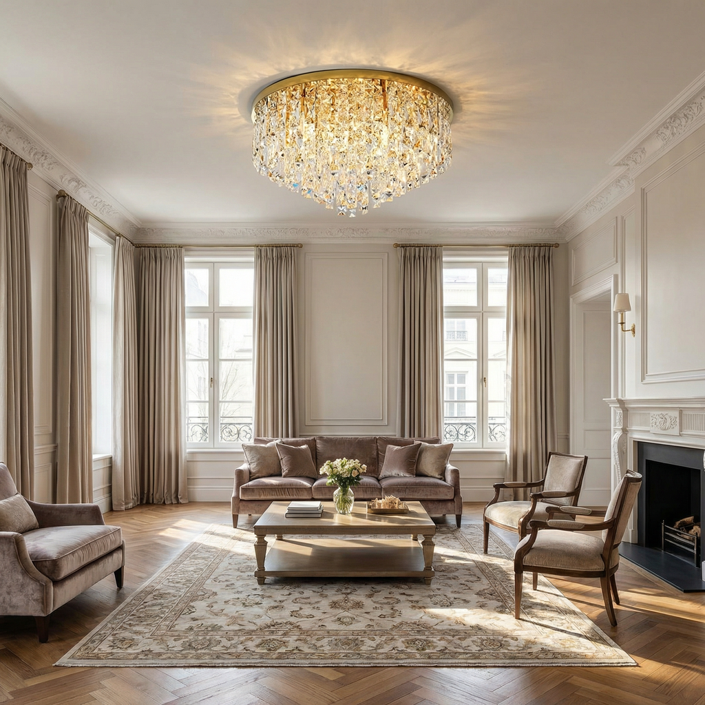 Elegant Crystal Ceiling Chandelier With Adjustable Height For Dining And Living Rooms