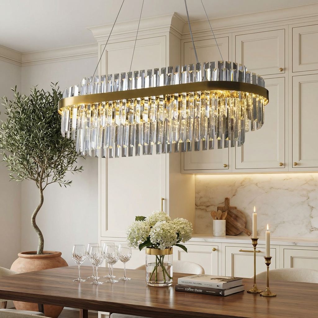 Elegant Crystal Chandelier With Modern LED Lighting And Adjustable Height