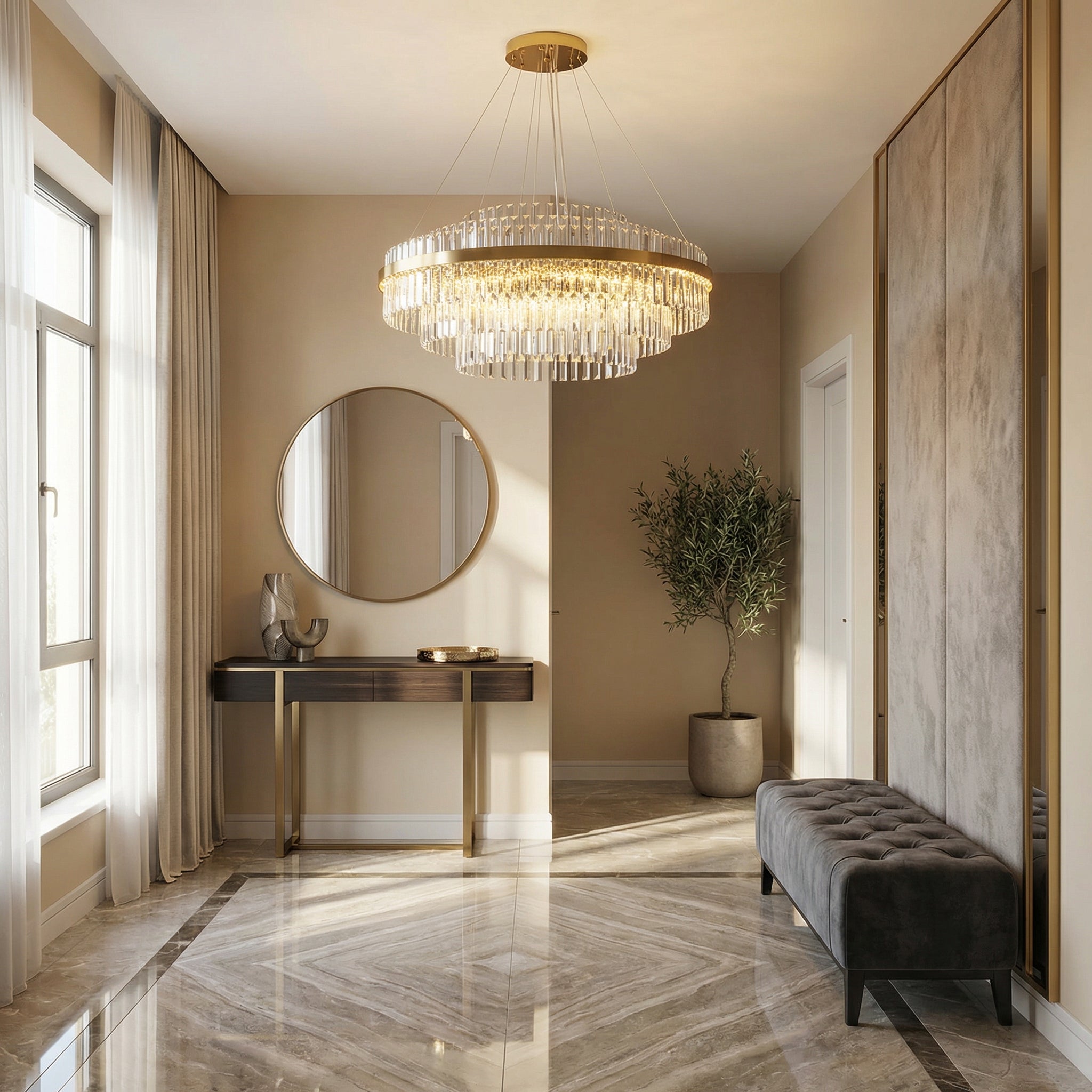 Elegant Crystal Chandelier With Modern LED Lighting And Adjustable Height